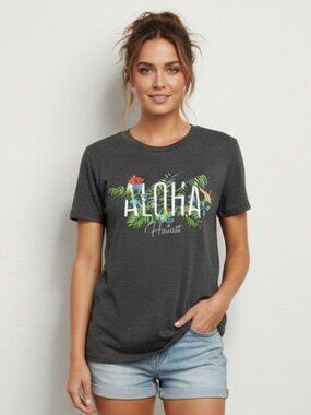 Island Girl Hawaii Aloha Floral Graphic Tee Charcoal Gray XL